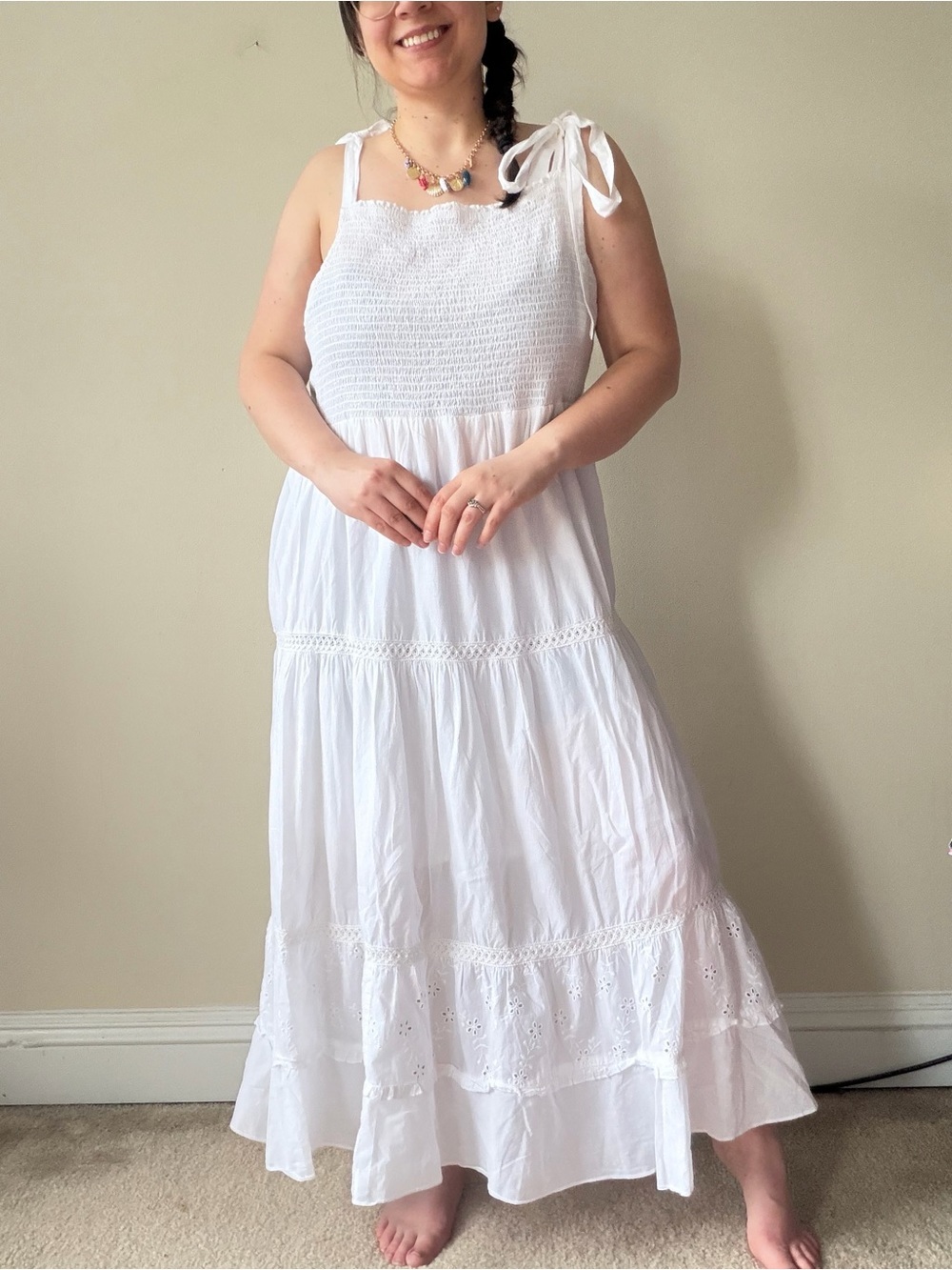 Encuentro Women’s White Tie-Shoulder Smocked Maxi Dress